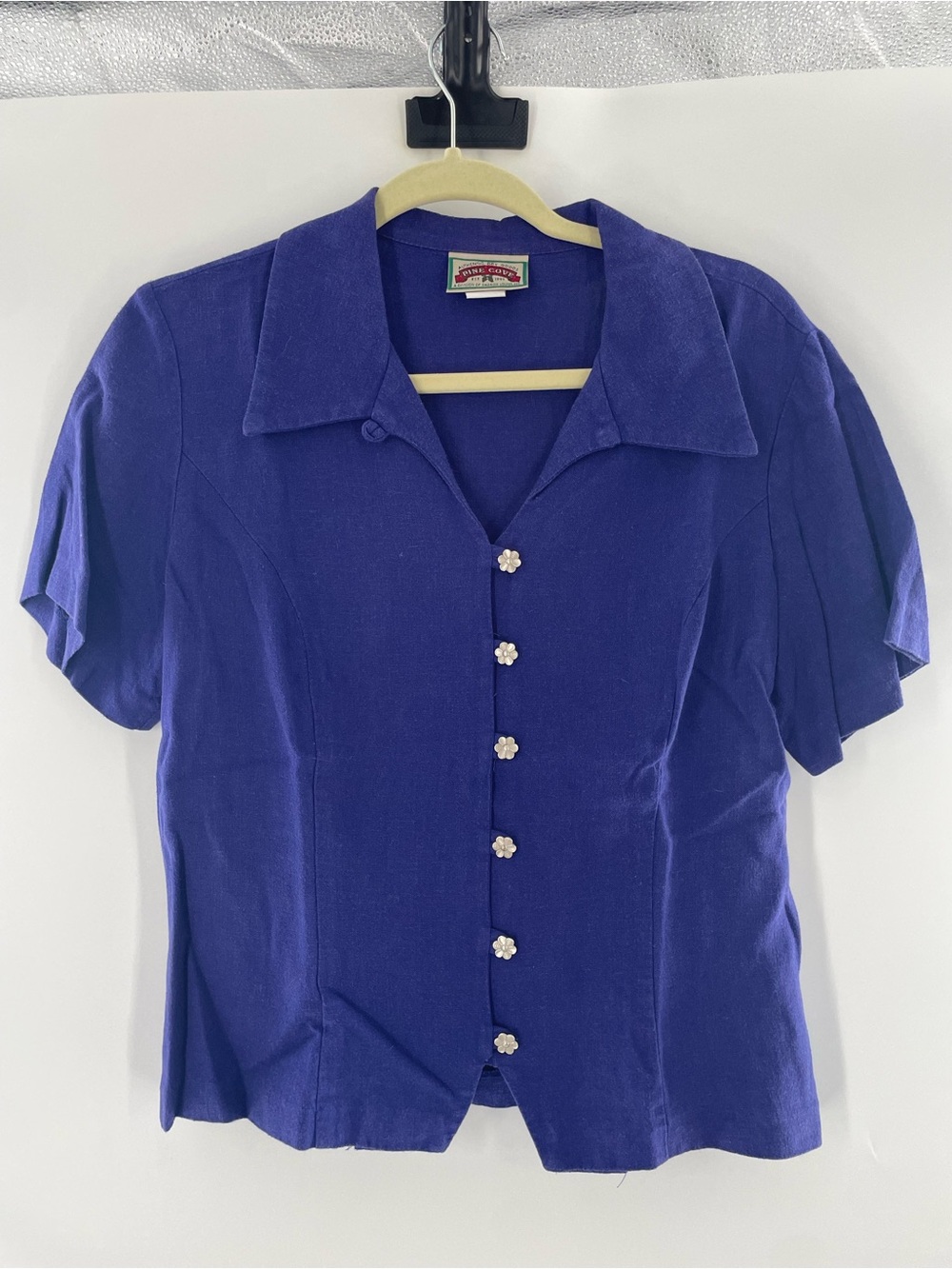 Sharon Young Short Sleeve Linen Blend Button Front Top in Purple